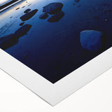 Art deco poster of Northwest Territories scenery in cool blue and green tones on a rolled canvas.