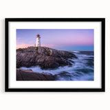 Colorful abstract art print of a Nova Scotia scenery in vibrant hues, framed with a black mat, ideal for living room decor.