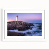 Abstract art print of Nova Scotia scenery in muted blue and green tones, framed and matted in white.
