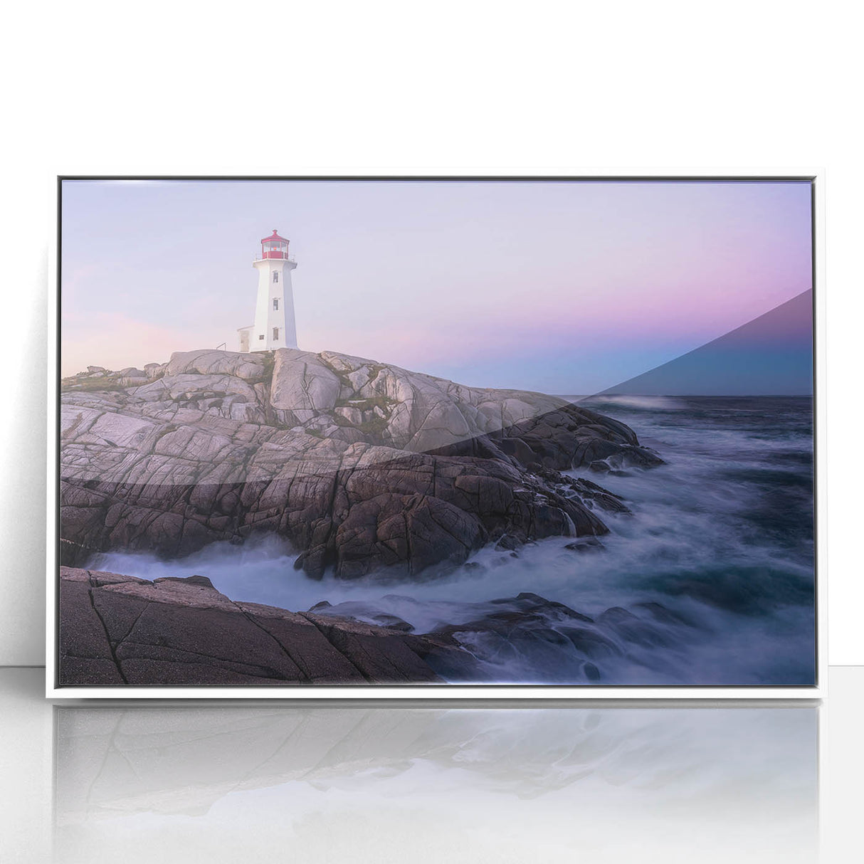Acrylic print of Nova Scotia scenery in art deco style with muted blue tones, ideal for modern art wall decor.