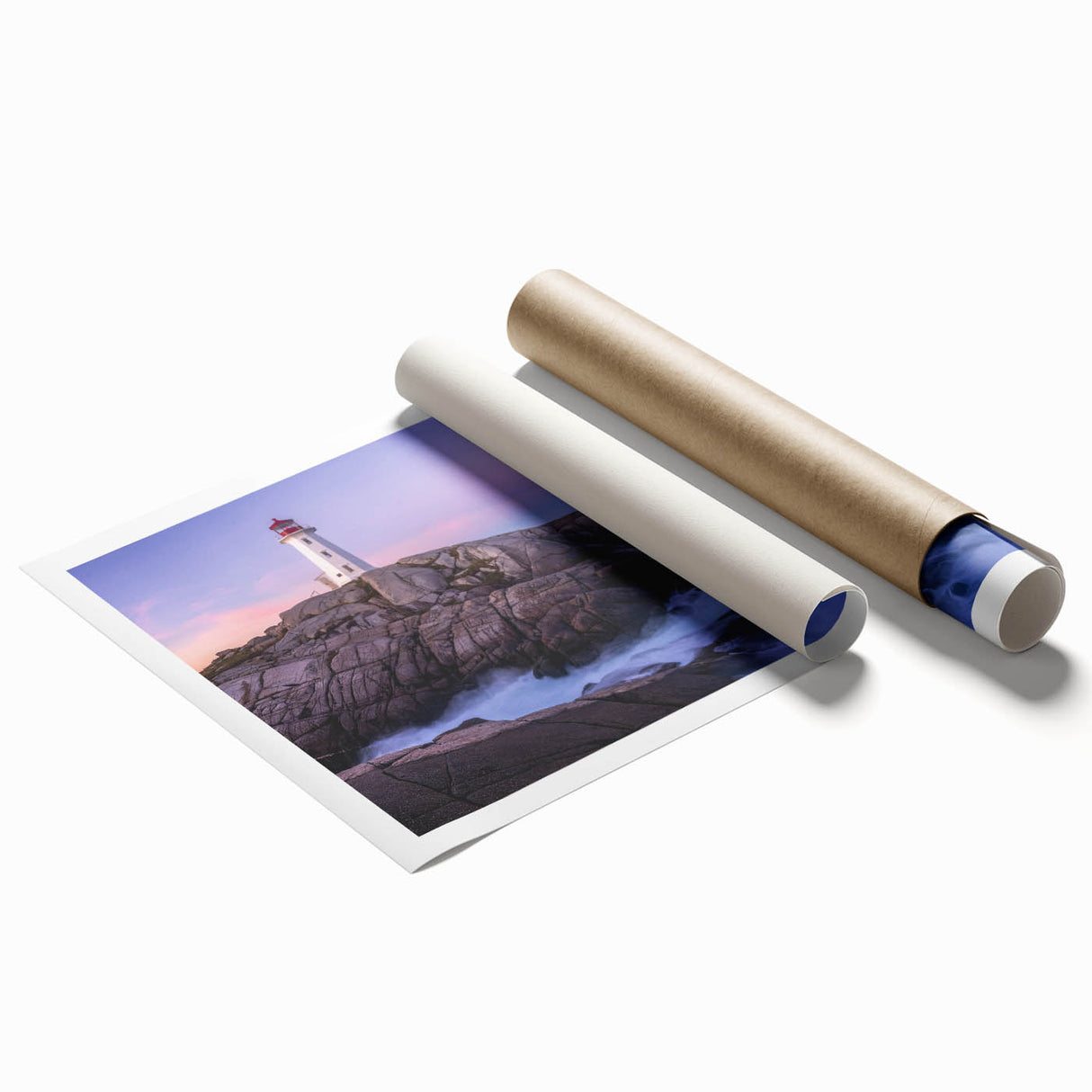Extra large rolled print of Nova Scotia scenery with vibrant floral elements, ideal for classy bathroom wall art.