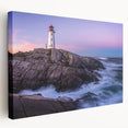 Side view of a stretched canvas featuring a serene Nova Scotia landscape in muted green and blue tones.