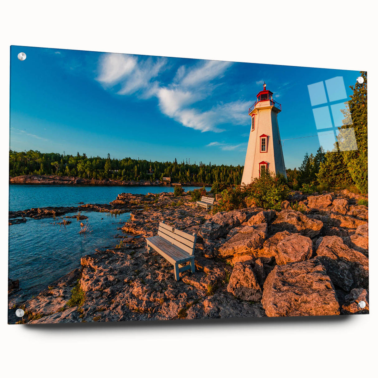 Acrylic print of a serene Ontario landscape, featuring muted green and blue tones, ideal for bedroom or dining room decor.