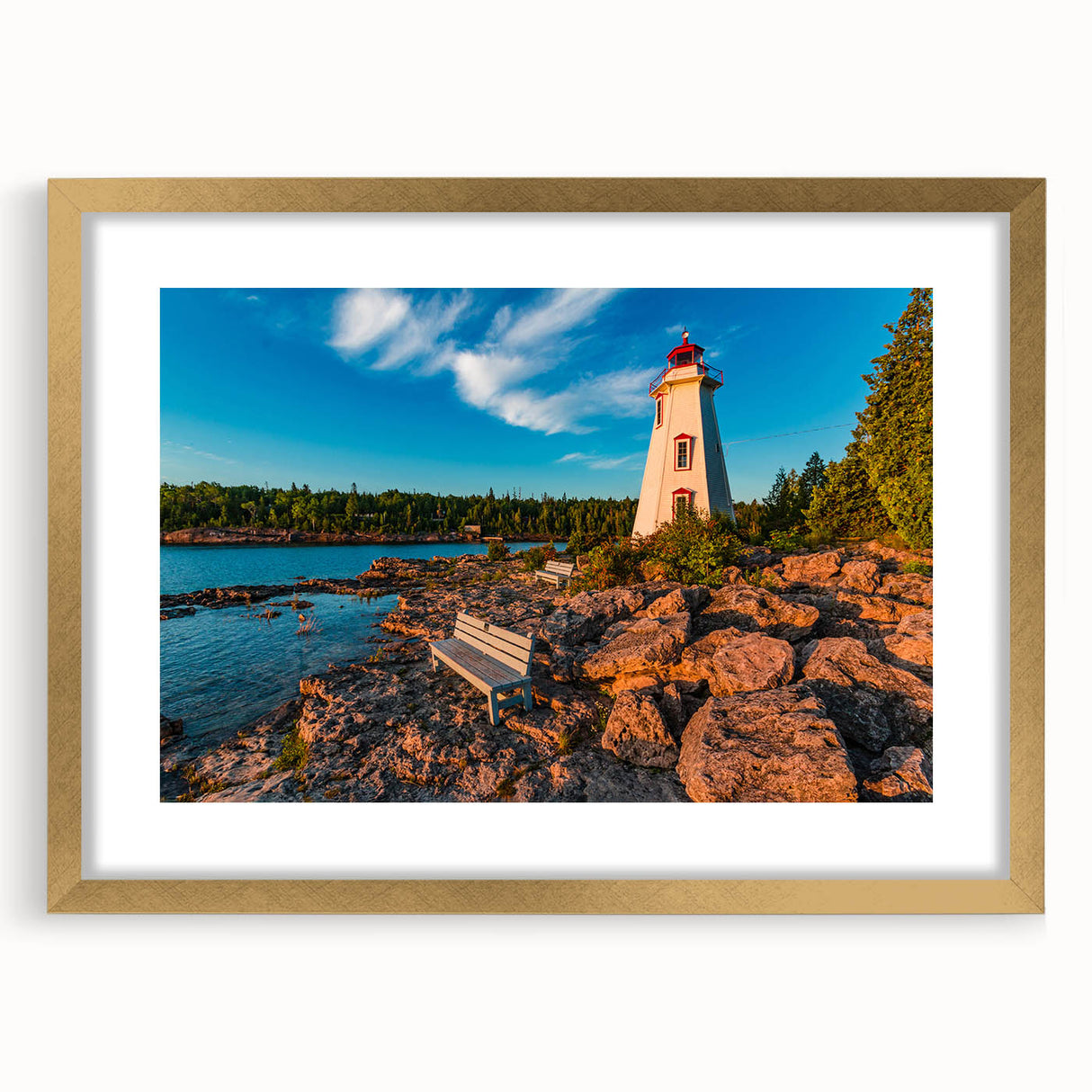 Extra large abstract art print of Ontario scenery in muted earth tones, framed in gold, suitable for living room decor.