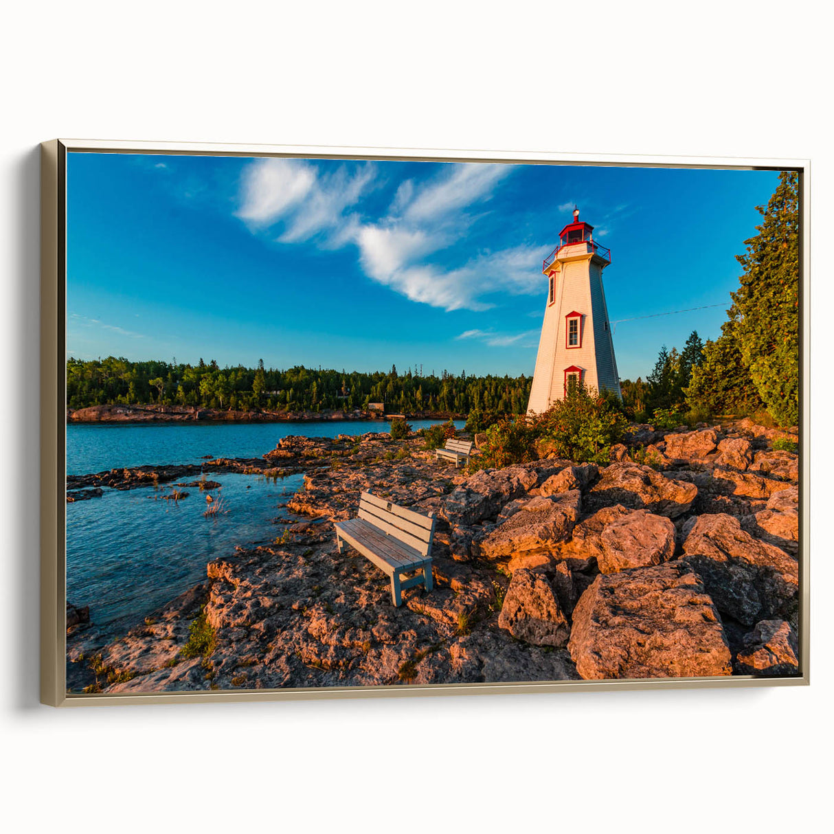 Framed canvas depicting a vintage-style Ontario landscape in muted gold and black tones, ideal for bedroom wall art.