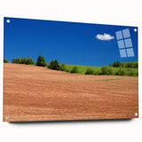 Acrylic print of a large abstract landscape showing Prince Edward, Canada in muted blue and green tones.