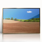 Framed acrylic print of Prince Edward Island landscape in muted greens and blues, ideal for modern art wall decor.