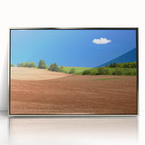 Mid-century modernist art depicting Prince Edward Island scenery in muted earth tones on a framed acrylic print.