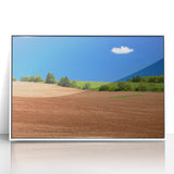 Art deco poster featuring a serene Prince Edward Island landscape in muted green and blue tones.