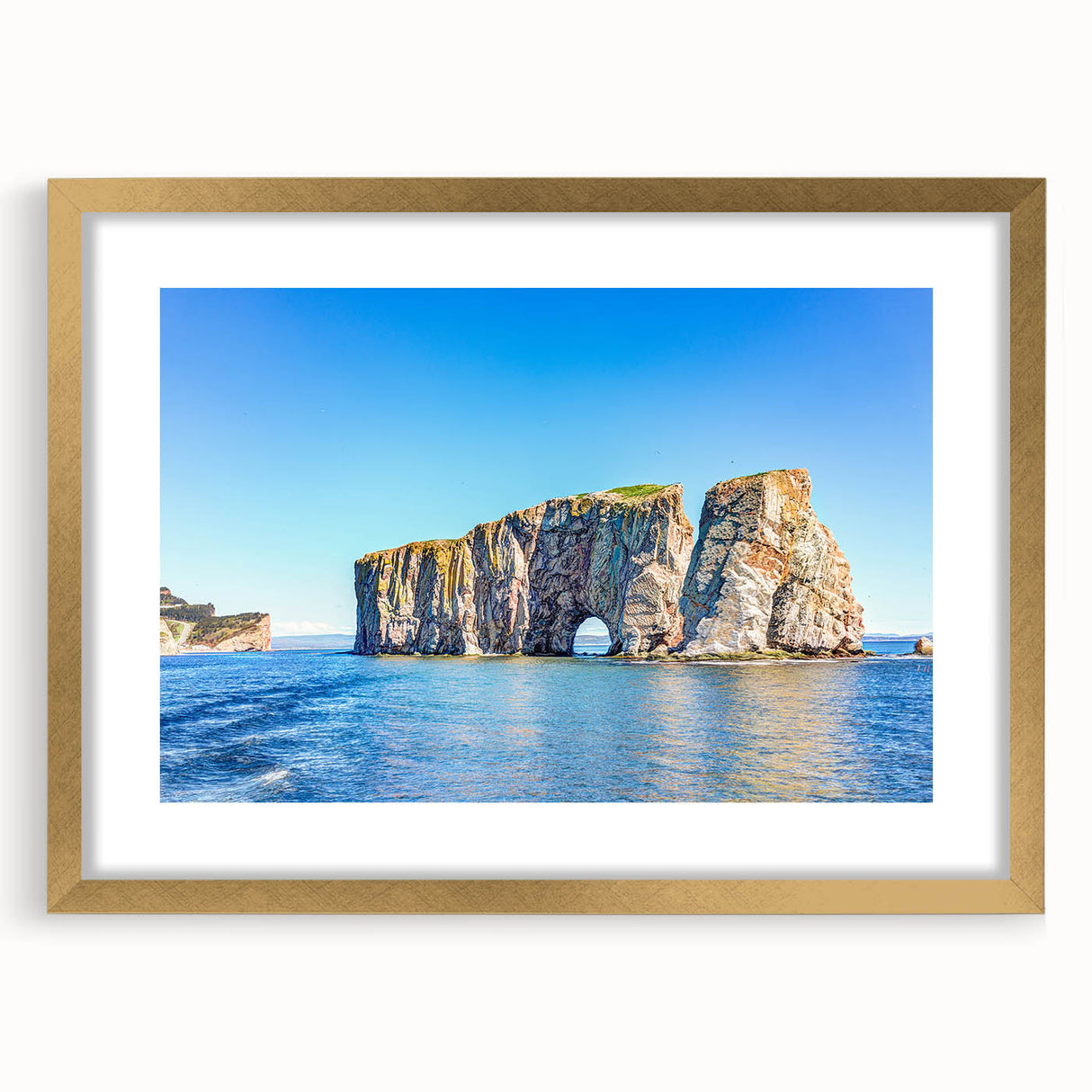 Extra large abstract art print of a textured Quebec scenery in muted earth tones, framed in gold.