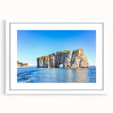 Abstract art print of Quebec scenery in muted gray and blue tones, framed with a white mat, suitable for dining room decor.