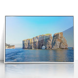 Art deco poster of Quebec scenery in muted white and gray tones, acrylic print framed, ideal for nursery wall art.