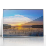 Acrylic print of a serene Saskatchewan landscape in muted greens and blues, framed in white.