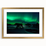 Extra large abstract art print of Yukon scenery in textured style, featuring cool blue and green tones, framed in gold.