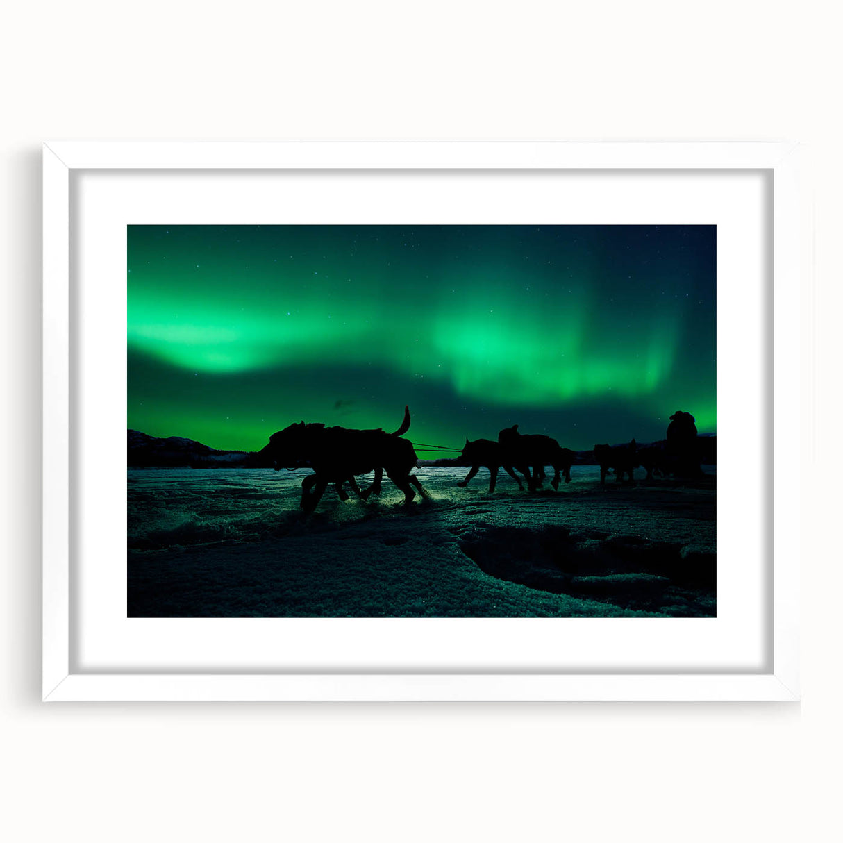 Abstract art print of Yukon scenery in muted earth tones on a framed white mat, ideal for dining room decor.