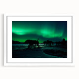 Abstract art print of Yukon scenery in muted earth tones on a framed white mat, ideal for dining room decor.