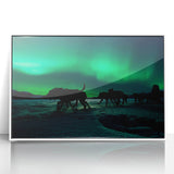 Acrylic print of Yukon landscape in muted greens and blues, framed in white, suitable for modern nursery decor.