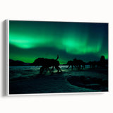 Vintage poster art of Yukon scenery in vibrant colors on a large framed canvas, ideal for living room decor.