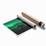 Extra large rolled print of Yukon scenery with muted green and blue tones, ideal for classy bathroom wall art.