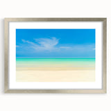 Extra large abstract art print depicting Caribbean scenery in vibrant blues and greens on a framed canvas.