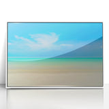 Mid-century modernist art depicting a serene Caribbean landscape in soft pastel colors on a framed acrylic panel.