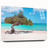 Large abstract wall art of a Caribbean Aruba scenery in vibrant blues and greens on acrylic glass.