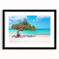 Extra large abstract art print of vibrant Caribbean scenery on a textured canvas, framed in black.