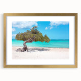Abstract art print of a Caribbean landscape in muted blue and green tones, framed in gold, ideal for dining room decor.