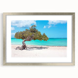 Extra large abstract art print featuring textured Caribbean scenery in cool blues and greens, framed in silver.