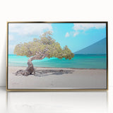 Framed acrylic print of a Caribbean Aruba scenery in art deco style, with gold accents, ideal for modern art wall decor.