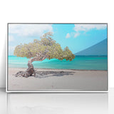 Mid-century modernist art depicting a serene Caribbean scenery in pastel colors on a white framed acrylic.