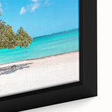Extra large framed canvas featuring a textured depiction of a Caribbean scene in vibrant colors, ideal for living room decor.