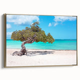 Framed canvas featuring a Caribbean landscape in muted gold and black tones, ideal for bedroom wall decor.