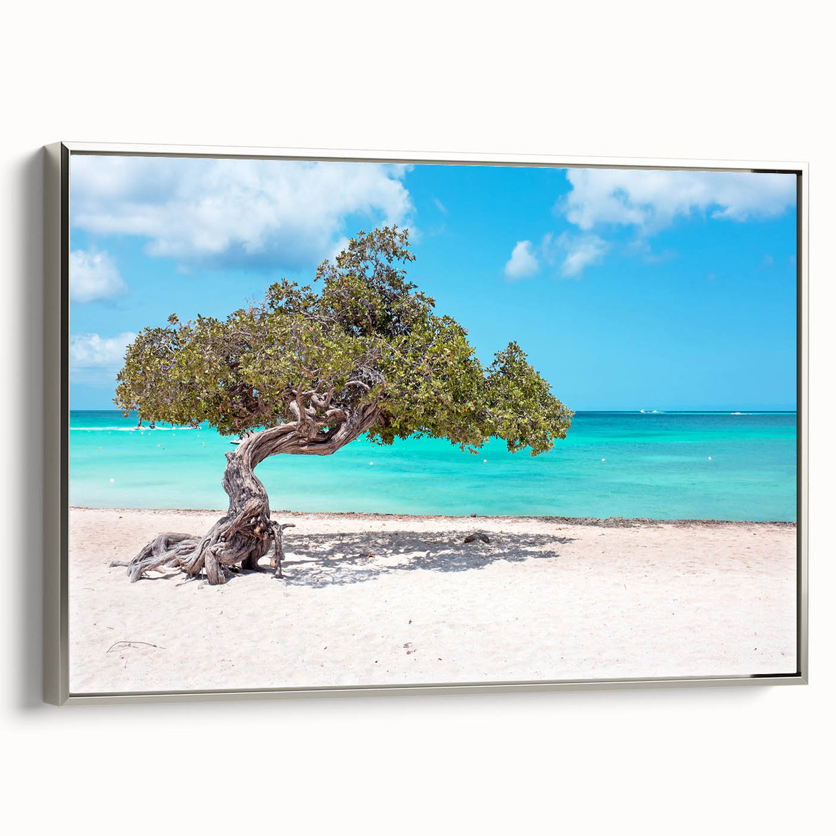 Framed canvas depicting a vintage-style Caribbean landscape with vibrant colors, ideal for living room decor.
