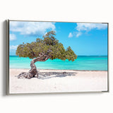 Framed canvas depicting a vintage-style Caribbean landscape with vibrant colors, ideal for living room decor.