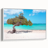 Framed canvas of vintage poster art depicting a colorful Caribbean Aruba scenery, ideal for living room decor.