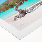 Art deco poster of a Caribbean scenery in Aruba with vibrant blue and green hues on rolled canvas.