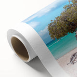 Art Deco poster of a Caribbean Aruba scenery on rolled canvas, with pastel shades, ideal for nursery wall art.