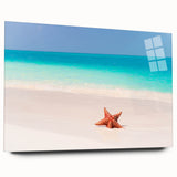 Large abstract wall art of Caribbean scenery in vibrant blue and green hues on acrylic glass.