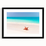 Abstract art print featuring vibrant, colorful Caribbean scenery on a large black-framed canvas, ideal for living room decor.