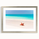 Extra large abstract art print of the Caribbean Bahamas in textured tones of blue and green, framed in silver.