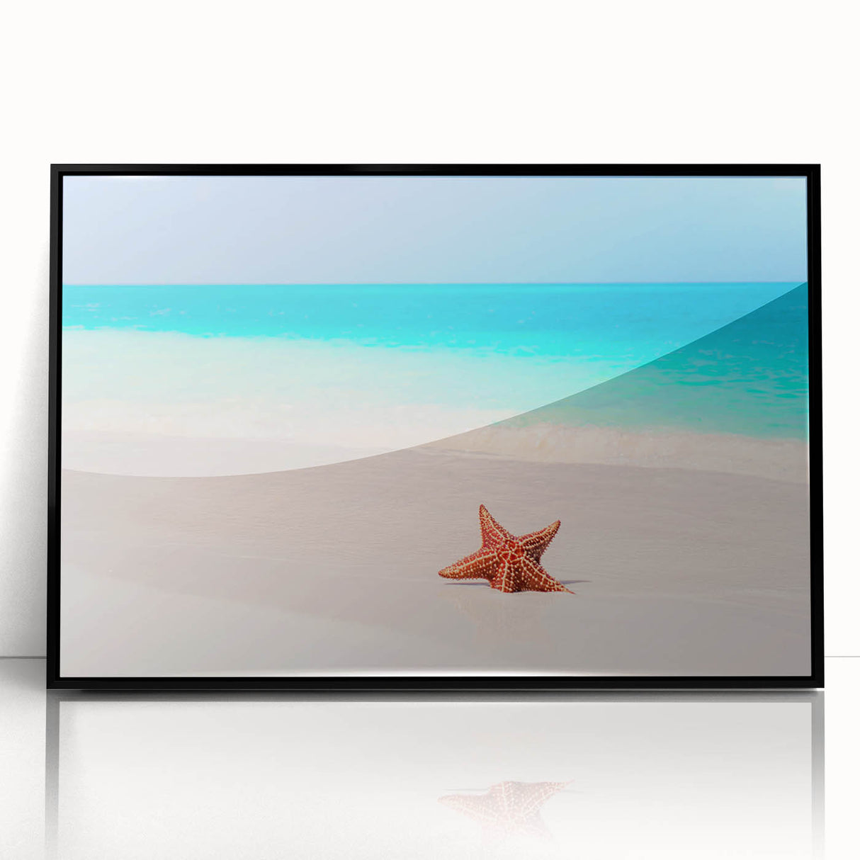 Large abstract wall art depicting a Caribbean scene in muted blue and green tones on framed acrylic.