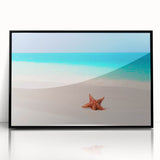 Large abstract wall art depicting a Caribbean scene in muted blue and green tones on framed acrylic.