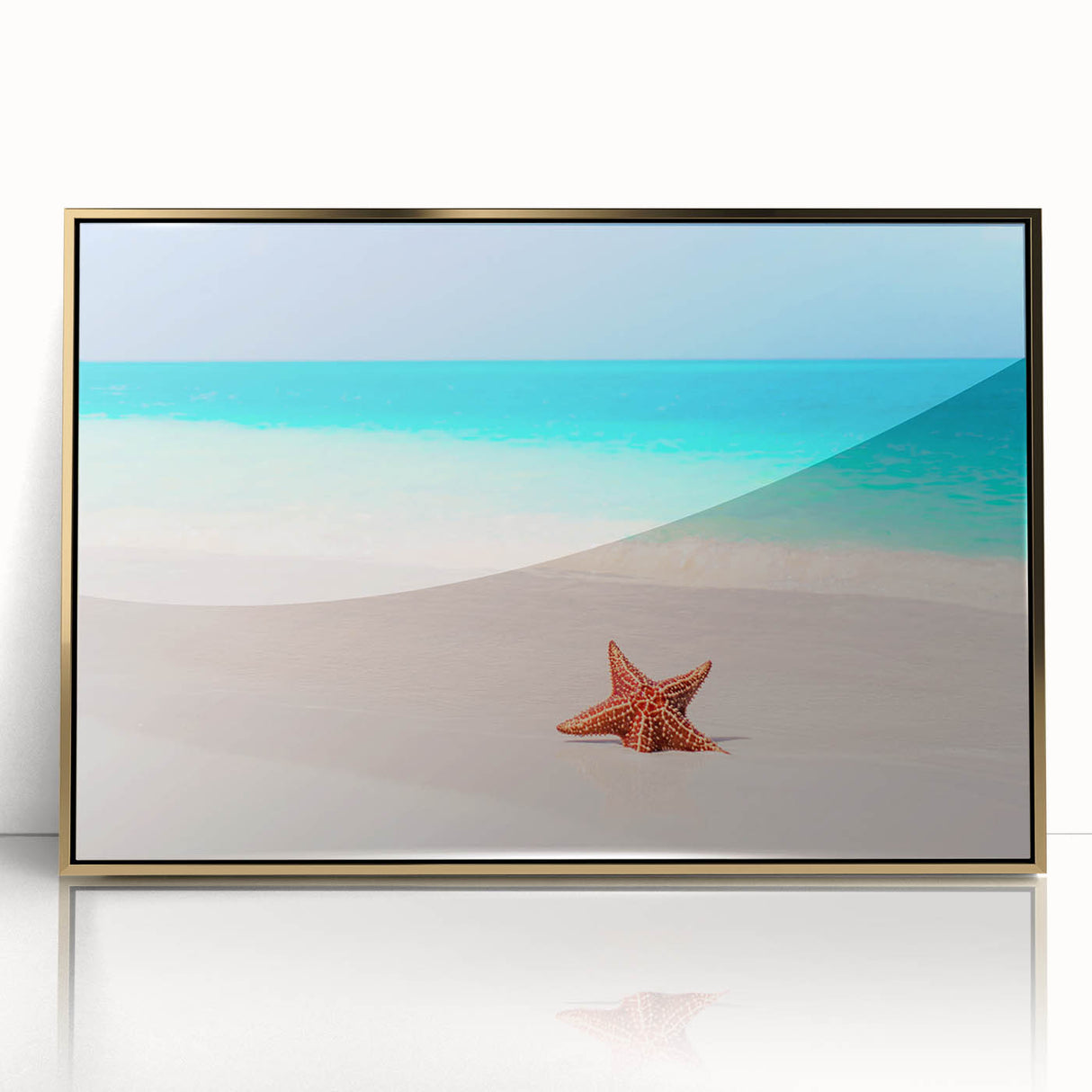 Acrylic print of a Caribbean scenery with vivid blue and green tones, framed in gold, suitable as modern art wall decor.