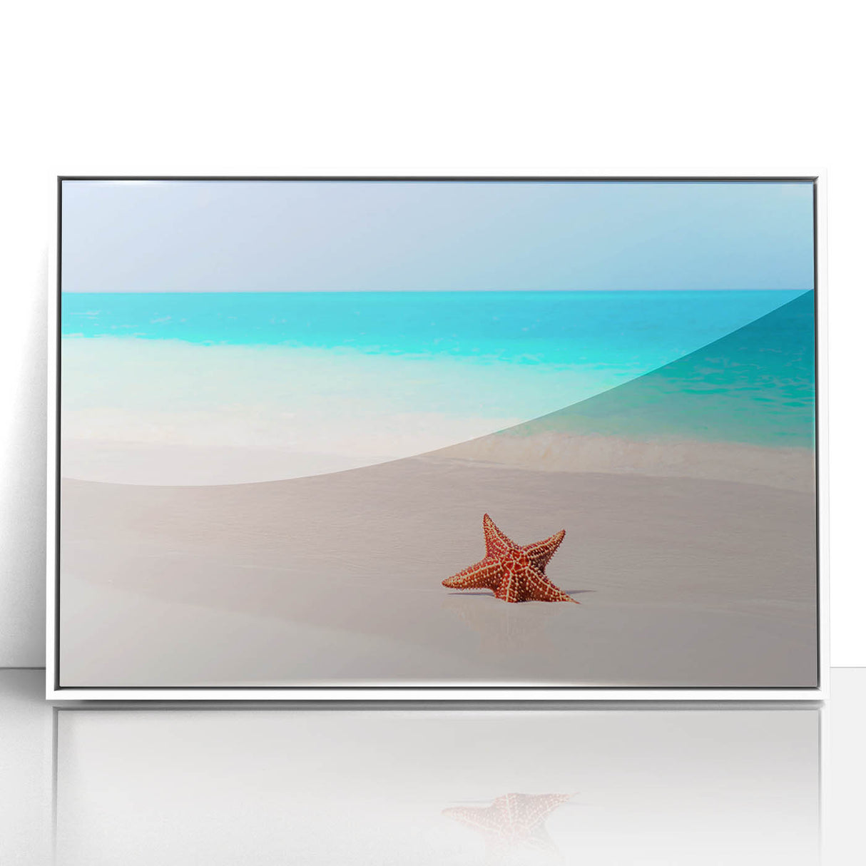 Mid-century modernist art depicting Caribbean scenery on a framed acrylic, with vibrant blue and green tones.