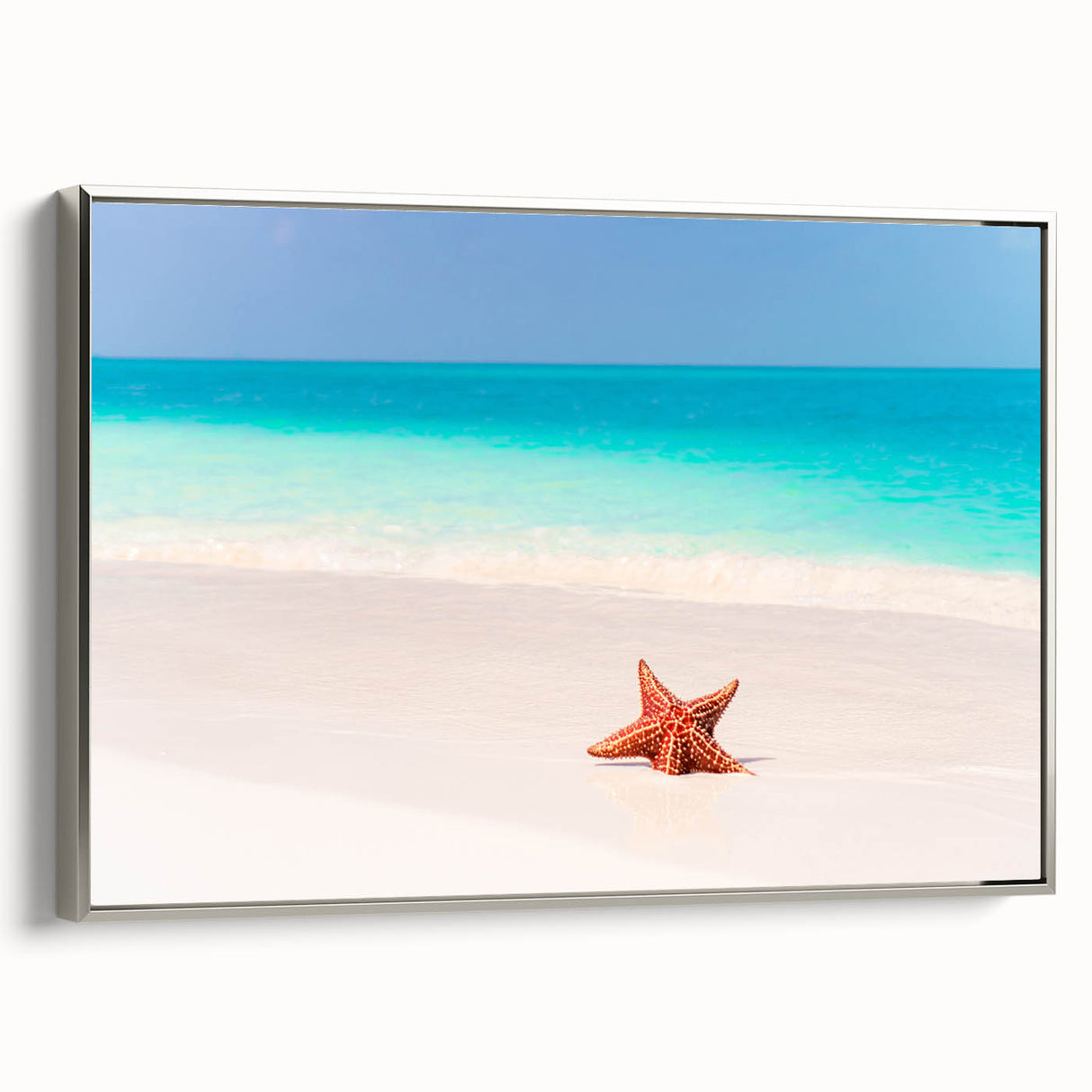 Framed canvas depicting a vintage Caribbean landscape with vivid blue and green tones.