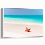 Vintage poster art of a Caribbean scenery on a framed canvas, featuring vibrant blue and green tones.