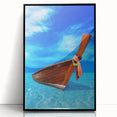 Large abstract wall art depicting a Caribbean scenery on a framed acrylic print with a black border.
