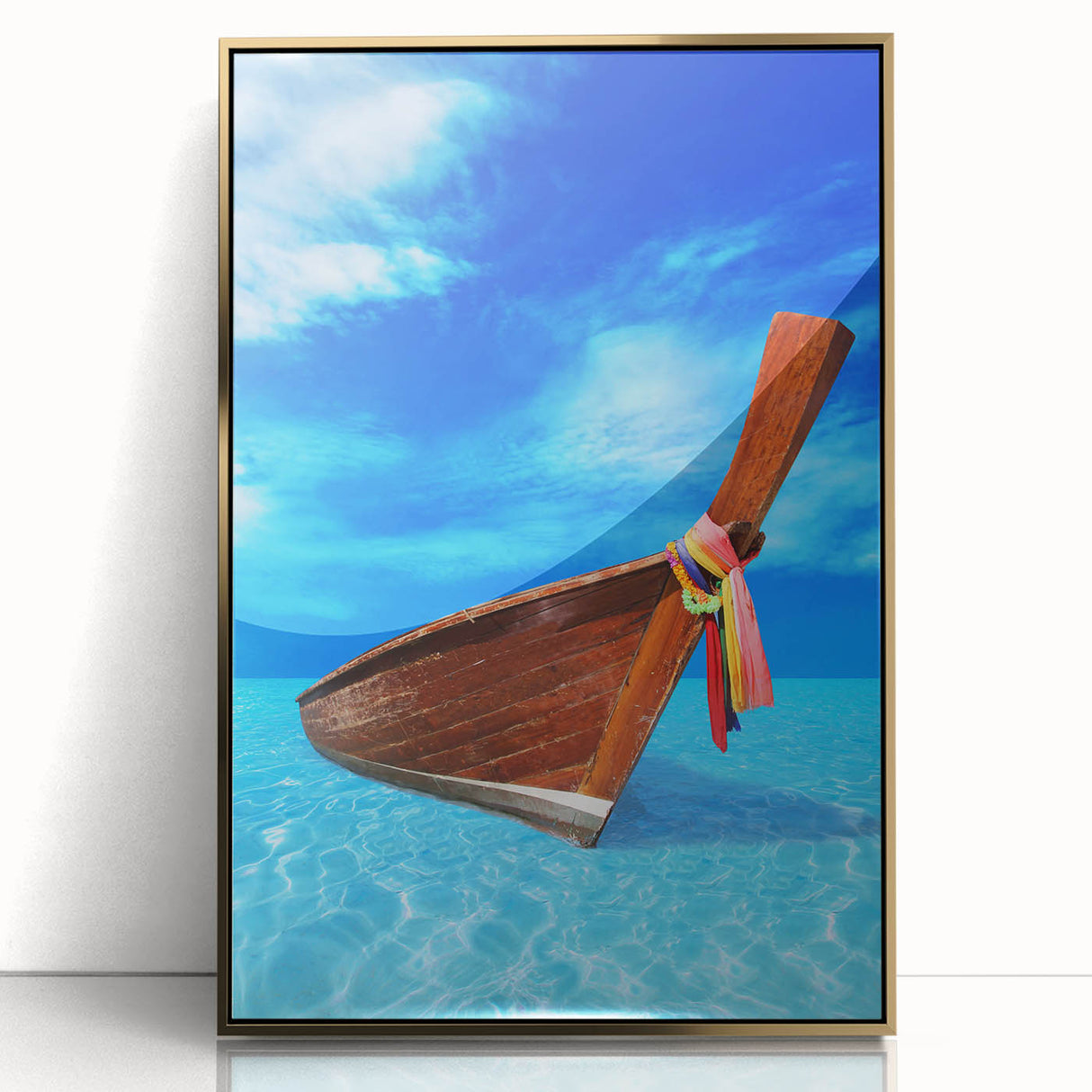 Framed acrylic print of a Caribbean Barbados scenery in art deco style, featuring vibrant blue and gold tones.