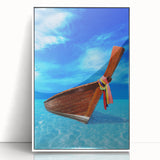 Mid-century modernist art depicting a serene Caribbean scenery in soft blue and white tones, acrylic print framed.